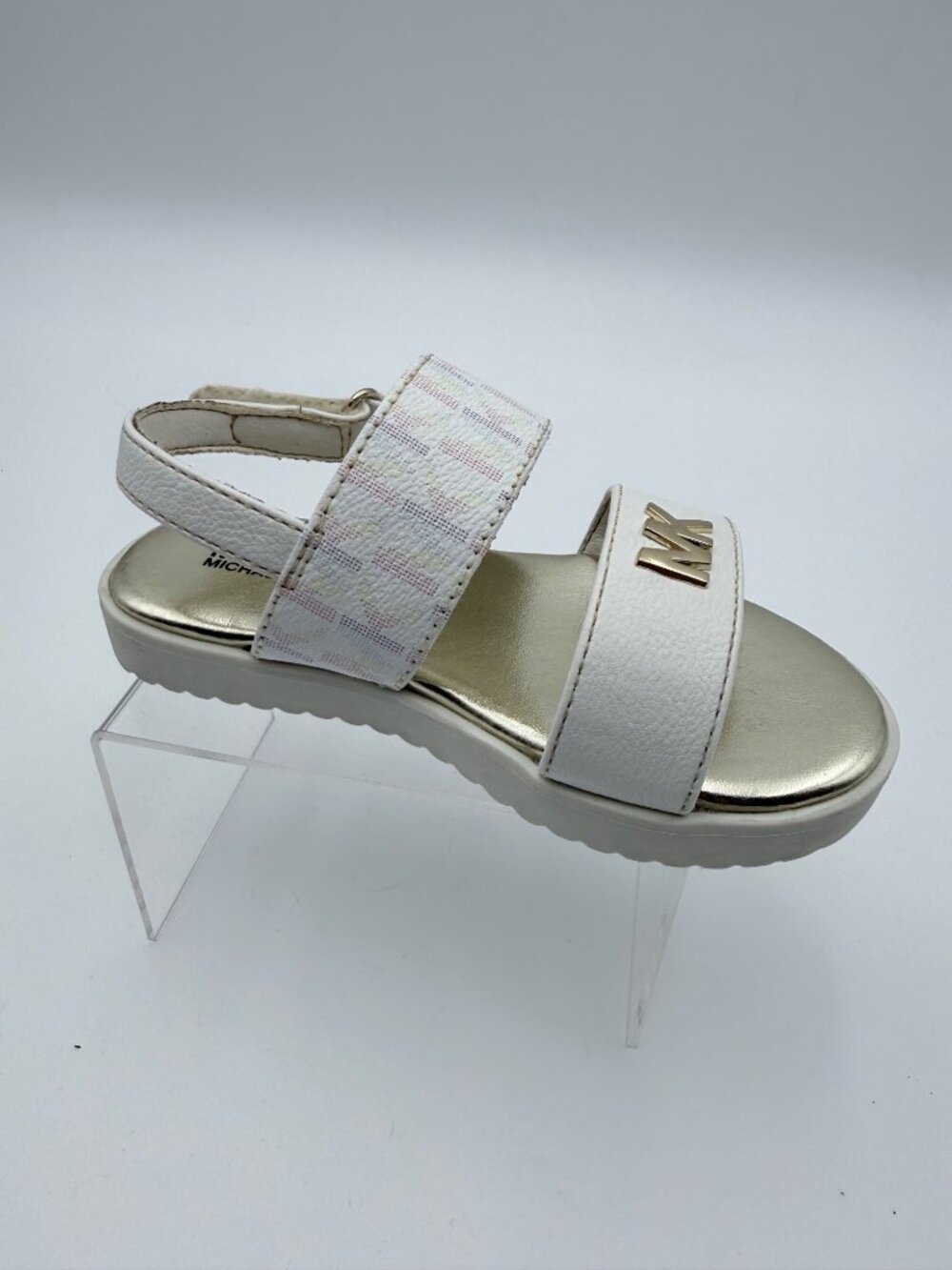 Michael Kors Girls Gold White Sandals MK Logo  Adjustable Straps Size 8